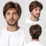 Xpoko Men Short Dark Brown Synthetic Wigs Straight Wigs for Men Daily Use with Cap Pixie Cut Cosplay Party Wig Natural Heat Resistant