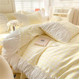 Xpoko Korean Style Princess Bedding Set Luxury Pink Lattice Duvet Cover Ruffles Lace Bedspread Bed Sheet Pillowcases