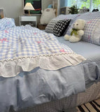 Xpoko  -  Sweet fairyfair pink blue plaid bow bedding set 1.5 1.8,full queen elegant cotton home textile bed sheet pillow case quilt cover