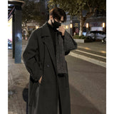 Xpoko Men Winter Outfit Korean Trend Trenchcoat With Belt Men's Loose Casual Overcoat Autumn Winter Solid Color Fashion Woolen Coat Medium Long Trench