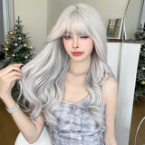 Xpoko Costume Wig Synthetic Body Wavy Cool Silvery  Wig For Women Daily Use High Density Layered Hair Wigs With Fluffy Bangs