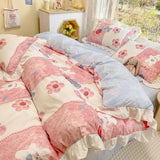 Xpoko Lovely Princess Flower Print Ruffles Bedding Set 100% Cotton Cute Girls Duvet Cover Set with Bed Sheet Kawaii Bedding Sets Soft