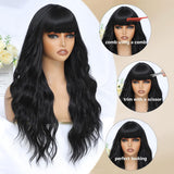 Xpoko Black Wig with Bangs for Women Long Black Wavy Wigs 26 Inch Natural Black Wigs Natural Looking Heat Resistant Synthetic Wig