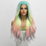 Xpoko 26in Daily Women's Party Wig Fashionable Rainbow Long Curly Hair Cos Forehead Lace Big Wave Sexy Wig