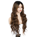 Xpoko Synthetic Lace Wigs Water Wave  28 Inch Brown Chestnut Wig with Bang Lace Wig Ombre Brown Cosplay Wigs For Women Lace Front Wig