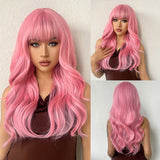 Xpoko Pink Wigs Long Natural Synthetic Wavy Cosplay Hairs for Women With Bangs Cute Party Daily Heat Resistant Wave Fake Wig Fiber Use