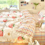 Xpoko Kawaii Peach Bedding Set For Home Cotton Twin Full Queen Size Strawberry Bear Cute Fitted Bed Sheet Pillowcases Duvet Cover