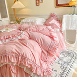 Xpoko Egyptina Cotton Bedding Set Luxury Pink Lace Ruffle Duvet Cover Bedspread Bed Skirt Pillowcases Korean Princess Home Textile