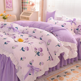 Xpoko Pastoral Style Bedding Set Cotton 3/4pcs Floral Duvet Cover with Pillowcases Cute Flowers Bed Skirtwith Zipper Quilt Cover