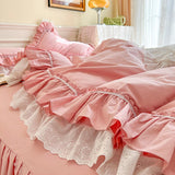 Xpoko Egyptina Cotton Bedding Set Luxury Pink Lace Ruffle Duvet Cover Bedspread Bed Skirt Pillowcases Korean Princess Home Textile