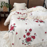 Xpoko  -  100% Cotton Vintage French Pastoral Style Rose Flowers Double Layer Lace Ruffles Bedding Set Duvet Cover Bed Skirt Pillowcases