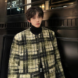 Xpoko Men Winter Outfit Men's Tweed Plaid Blazers Cardigan Autumn Winter Trend Collarless Short Jacket Fashion Green Korean Style Chic Elgance Coat