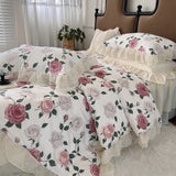 Xpoko  -  100% Cotton Vintage French Pastoral Style Rose Flowers Double Layer Lace Ruffles Bedding Set Duvet Cover Bed Skirt Pillowcases