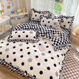 Xpoko Polka Dot Kawaii Checkered Ruffle Bedding Set