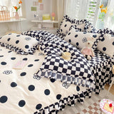 Xpoko Polka Dot Kawaii Checkered Ruffle Bedding Set