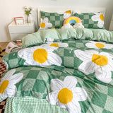 Xpoko Light Green Checkered Daisies Bedding Set