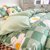 Xpoko Light Green Checkered Daisies Bedding Set