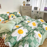 Xpoko Light Green Checkered Daisies Bedding Set