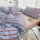 Xpoko Minimalist Red Striped Light Blue Bedding Set