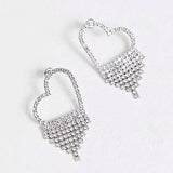 Xpoko Rhinestone Fringe Heart Dangle Earrings Silver