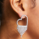 Xpoko Rhinestone Fringe Heart Dangle Earrings Silver