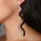 Xpoko Silver Long Drop Earrings with Sparkly Wavy Rhinestone Embellishments