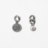 Xpoko Coin Pearl Pendant Chunky Chain Earrings - Silver