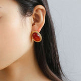 Xpoko Retro 18K Gold Plated Red Onyx Silver Twist Stud Earrings