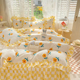 Xpoko Yellow Flowers Kawaii Checkered Bedding Set