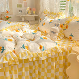 Xpoko Yellow Flowers Kawaii Checkered Bedding Set