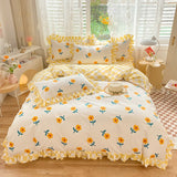 Xpoko Yellow Flowers Kawaii Checkered Bedding Set