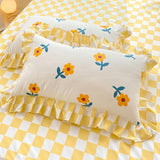 Xpoko Yellow Flowers Kawaii Checkered Bedding Set