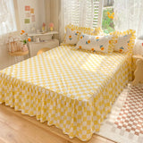 Xpoko Yellow Flowers Kawaii Checkered Bedding Set