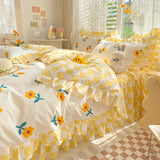 Xpoko Yellow Flowers Kawaii Checkered Bedding Set