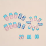 Xpoko - 24pcs Blue Green Butterfly Press On Nails Medium, Square Shape Fake Nails With Glitter Sequin Design, Glossy Full Cover Daily False Nails For Women And Girls
