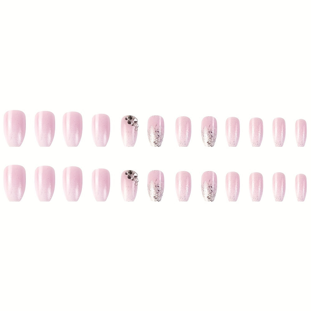 Xpoko - 24 Pcs Glossy Short Coffin Press On Nails Pink And White French Style False Nails With Rhinestone Reusable Fake Nails