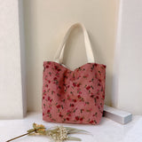 Floral Pattern Corduroy Handbag, Portable Lunch Bag For Outdoor, Snap Button Satchel Purse