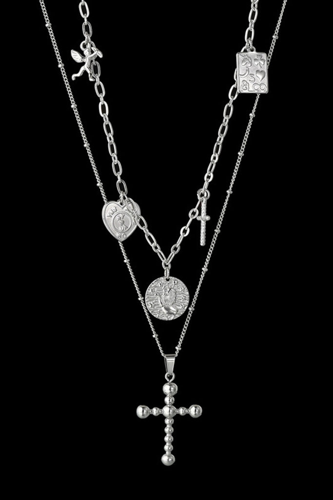 Back to school Stainless Steel Antique Coins & Cross Necklace