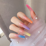 Xpoko - 24 pcs Rainbow Gradient Coffin Long Press On Nails - Glossy Acrylic Ballerina False Nails for Women and Girls