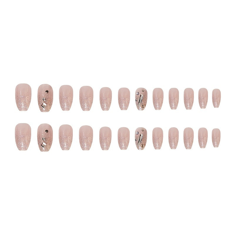 Xpoko - Press On Nails, Medium Square French False Nails With Shinny And Artificial Gem Design, Reusable Glossy Fake Nails For Women