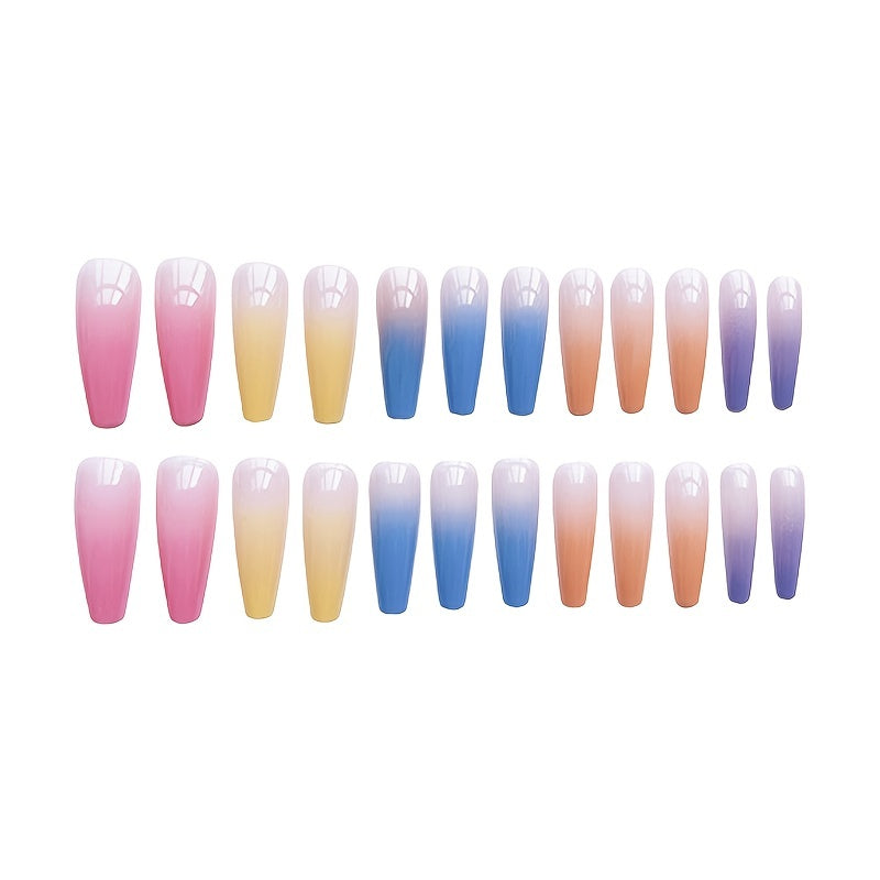 Xpoko - 24 pcs Rainbow Gradient Coffin Long Press On Nails - Glossy Acrylic Ballerina False Nails for Women and Girls
