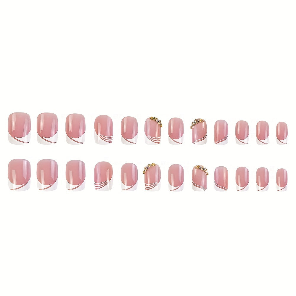 Xpoko - 24pcs Glossy Pink Press On Nails with Rhinestone Accents and French White Edge Design - Full Coverage Fake Nails for Women and Girls