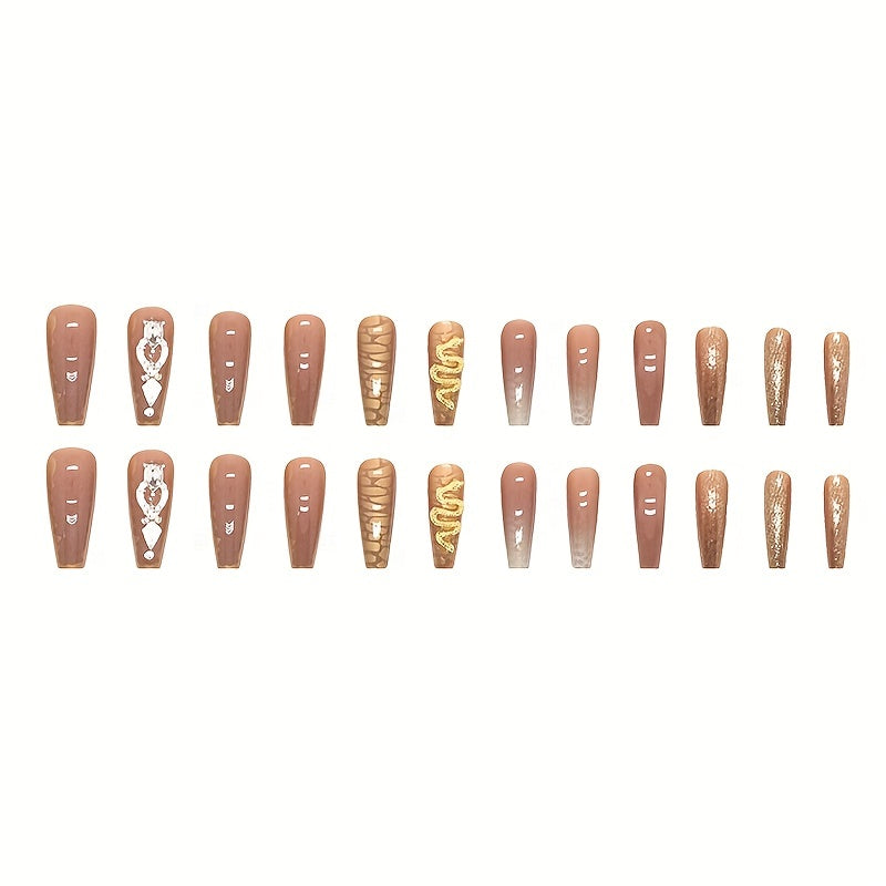 Xpoko - 24pcs Fall Winter Brown Fake Nails, 3D Snake Shape Rhinestone Press On Nails With Design, Golden Foil Glue On Nails, Full Cover Extra Long Coffin False Nails For Women And Girls