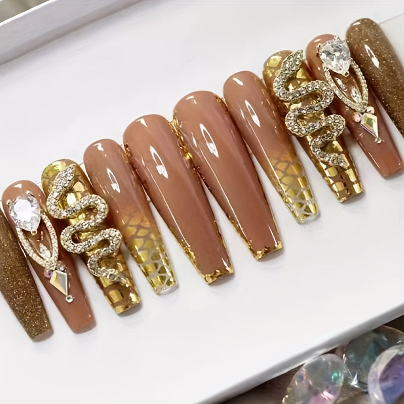 Xpoko - 24pcs Fall Winter Brown Fake Nails, 3D Snake Shape Rhinestone Press On Nails With Design, Golden Foil Glue On Nails, Full Cover Extra Long Coffin False Nails For Women And Girls