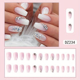 Xpoko - 24 Pcs Glossy Short Coffin Press On Nails Pink And White French Style False Nails With Rhinestone Reusable Fake Nails