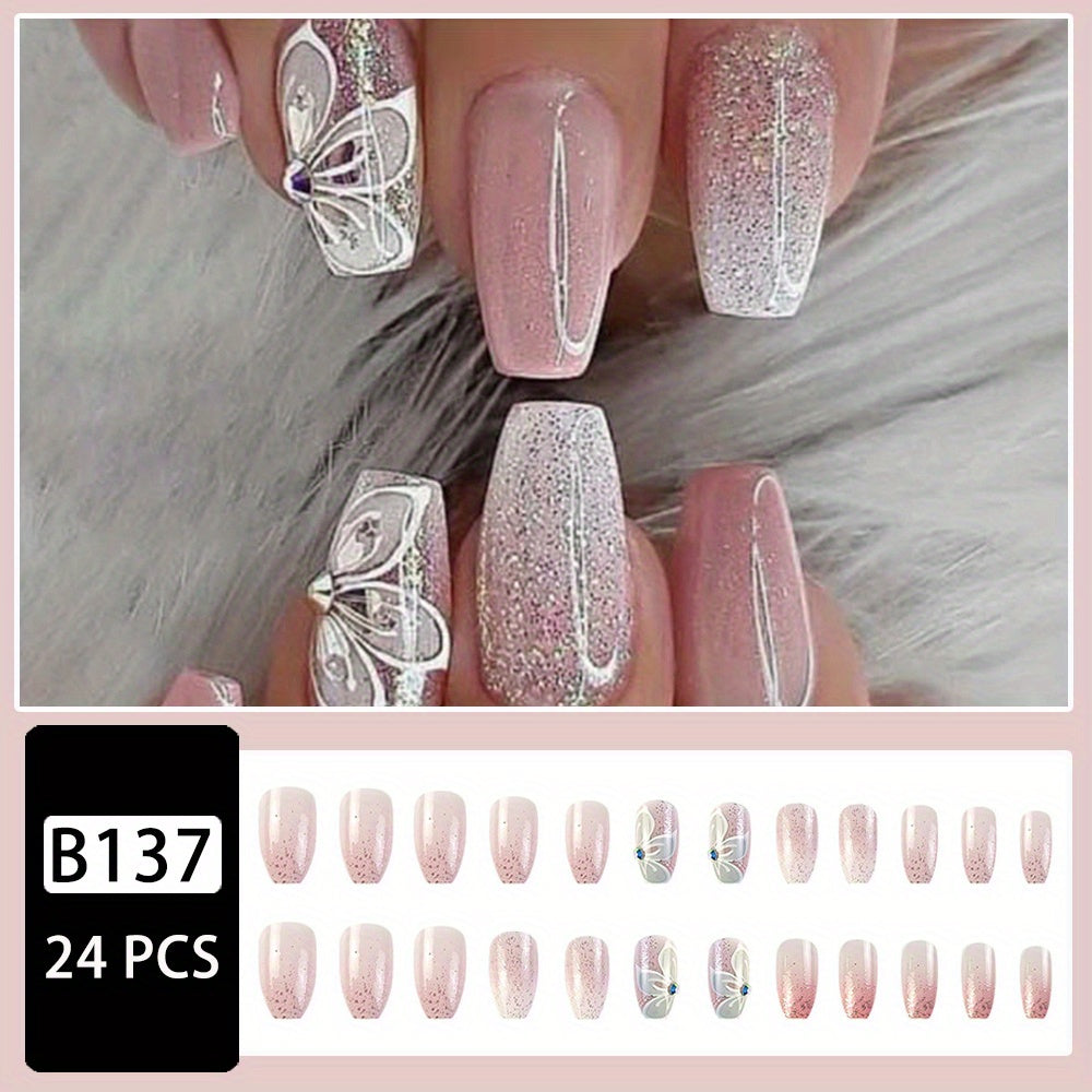 Xpoko - Press On Nails Long Length Fake Nails Sparkly Full Cover Stick On Nails Bling French False Nails With Gems Diamond Nail Tips With Rhinestone Acrylic Nails For Women Girls
