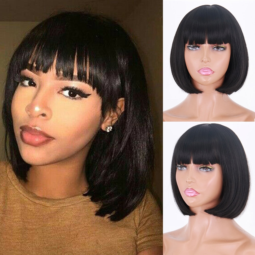 Xpoko Short Black Bob Wig Straight Synthetic Wigs For Women With Bangs Nutural  Heat Resistant Fiber Cosplay Hair