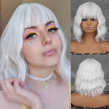 Xpoko Short Wavy Off-White Grey Synthetic Wig Women's Heat-Resistant Natural Half Part Cosplay Party Lolita Wig