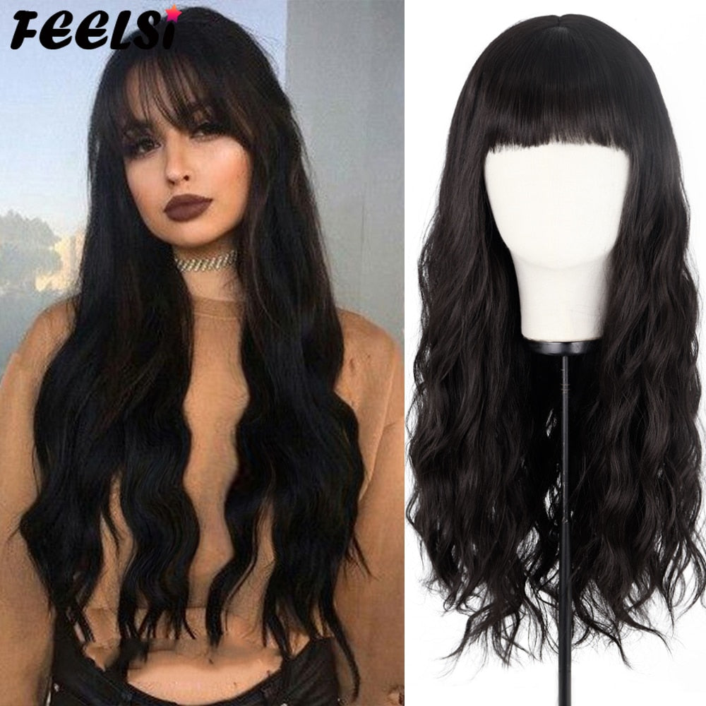 Back to School Long Wavy Gradient Black With Green Wig Have Bangs Blond Brown Wave Heat Synthetic Fiber Heat Resistance For Women Daily Wear