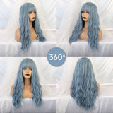 Long Water Wave Blue High Temperature Wigs for Black White Women Afro Cosplay Party Daily Synthetic Hair Wigs with Bangs